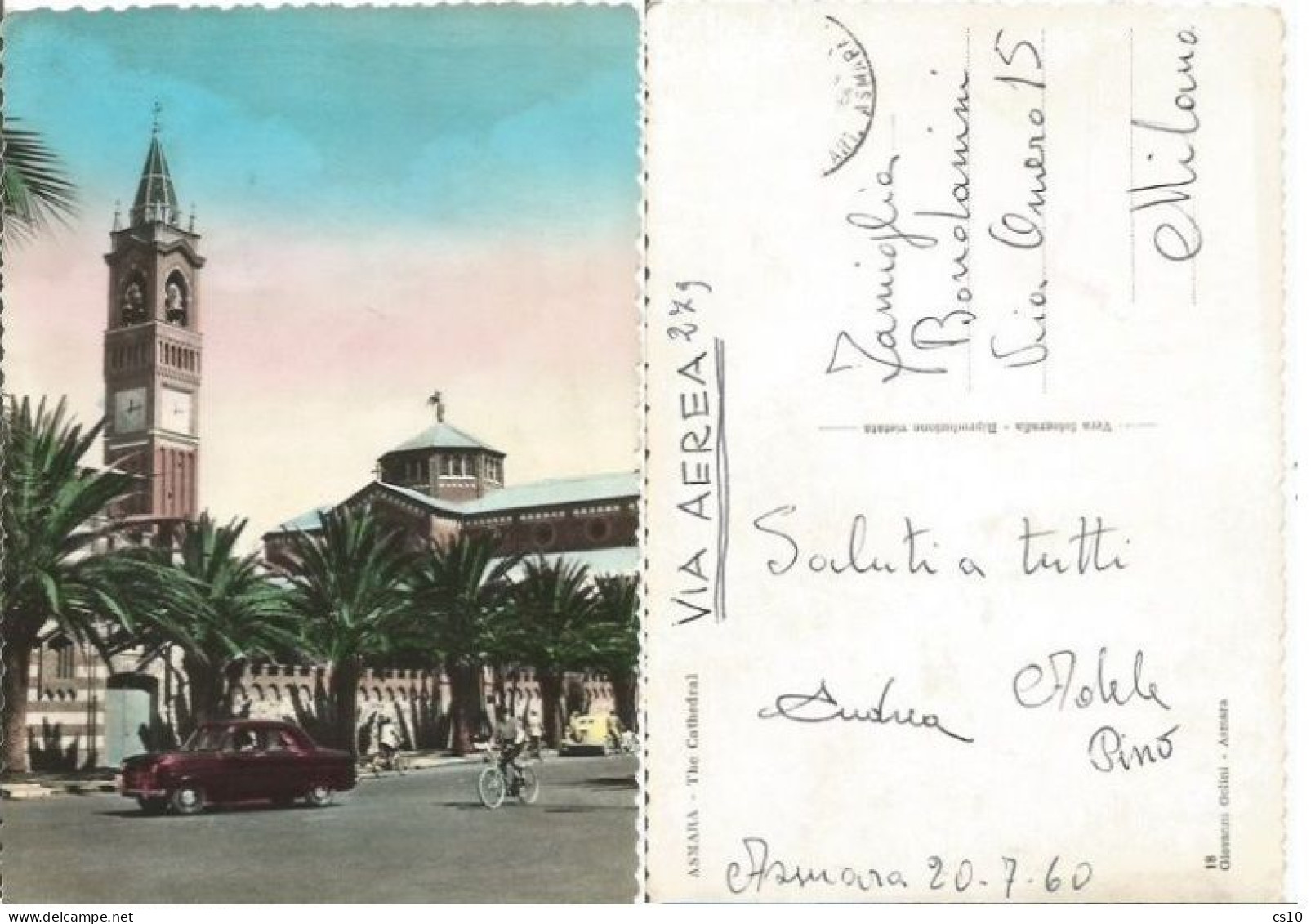 Eritrea (Ethiopia Period) Asmara Cathedral + Cars & Bicycles - Stampless Color Airmail Pcard 20jul1960 To Italy - Äthiopien