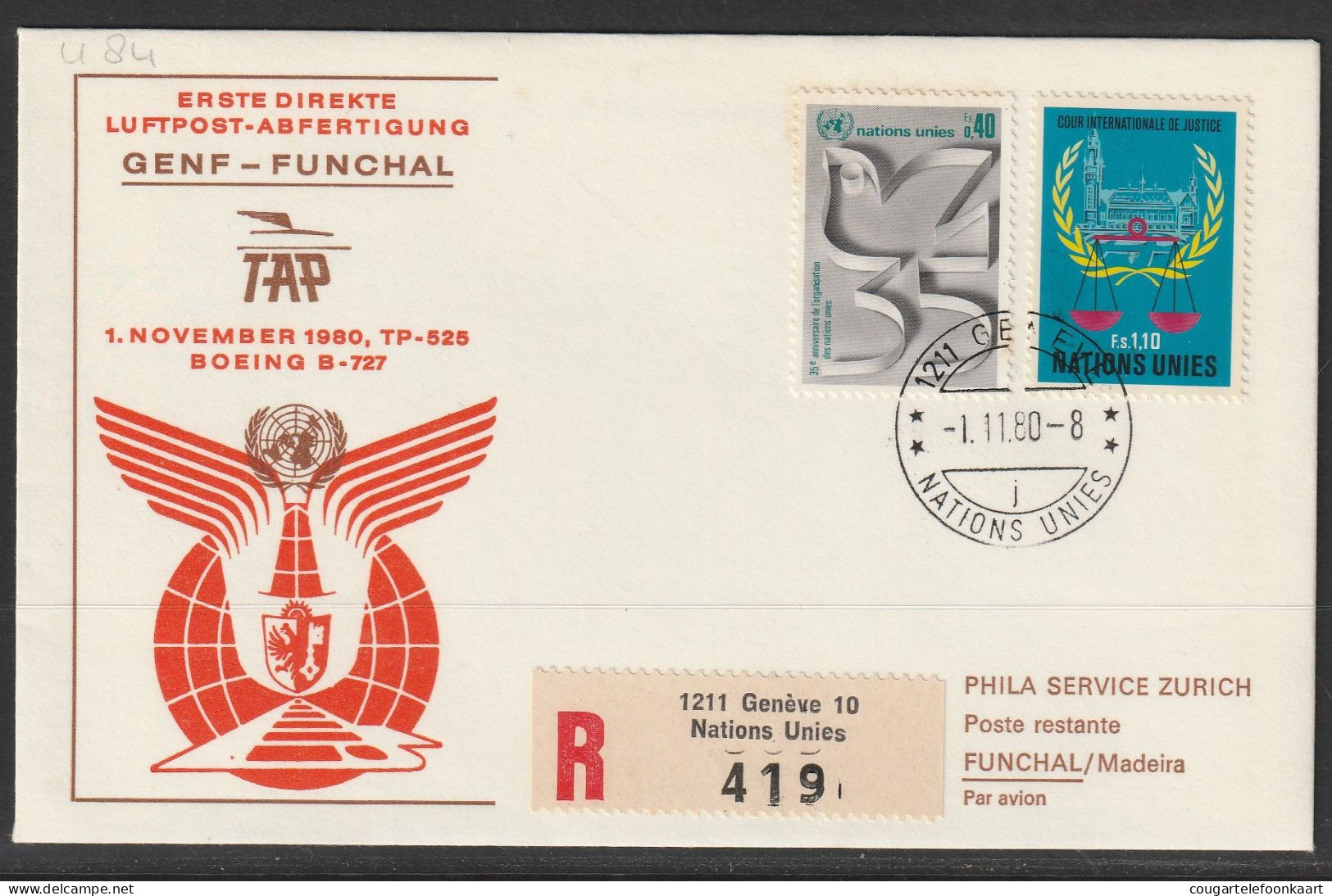 1980, TAP, Erstflug, Genf UN - Funchal Portugal - Luftpost