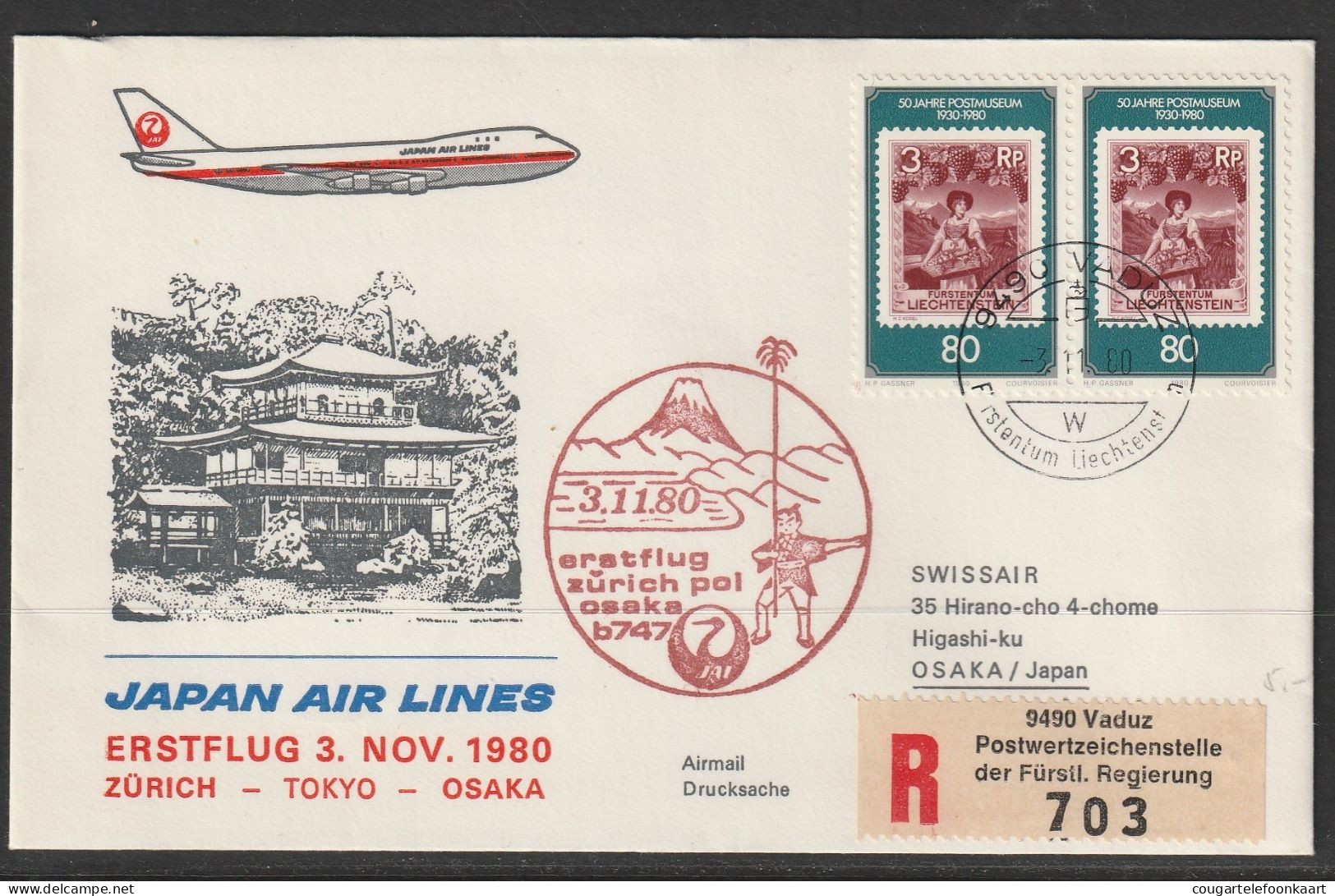 1980, JAL, Erstflug, Liechtenstein - Osaka Japan - Poste Aérienne