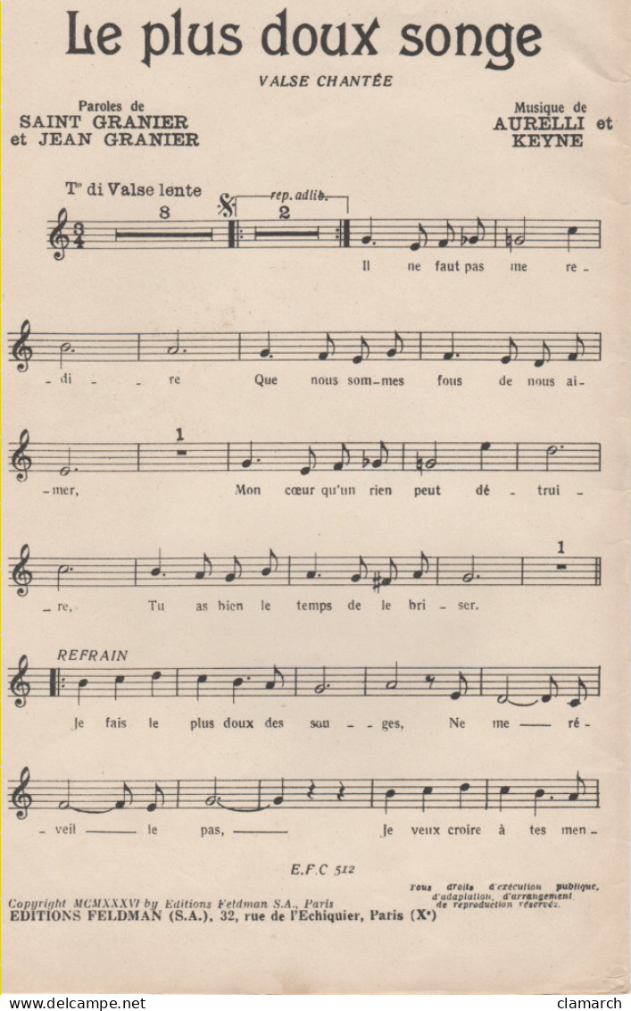 Partitions-LE PLUS DOUX SONGE Valse Chantée Paroles De Saint-Granier & J Granier, Musique D'Aurelli & Keyne - Partitions Musicales Anciennes