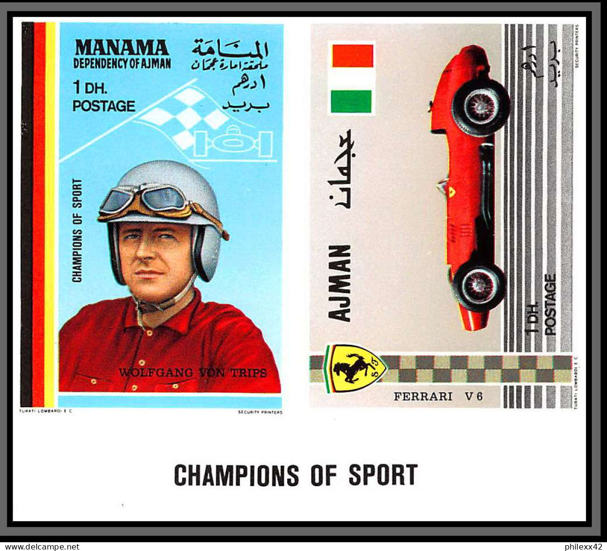 Manama - 5052a/ Mi 147/152 B Ajman A 375/380 B Cars Motor Racing Voiture MNH Non Dentelé Imperf 1969 Fangio Ferrari - Manama