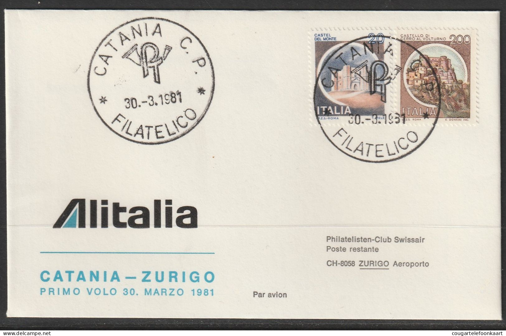 1981, Alitalia, Erstflug, Catania - Zürich - Airmail