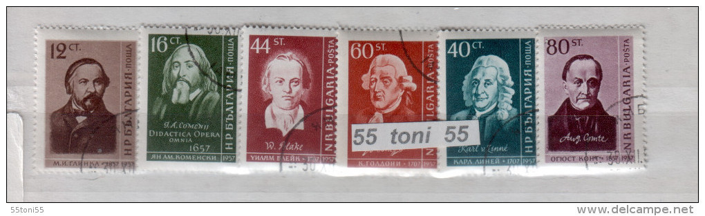 1958 Famous People – GLINKA ; KOMENSKY ; LINNE , BLAKE ; GOLDONI ;COMTE ;6v.- Oblitere/used (O) Bulgaria / Bulgarie - Gebruikt