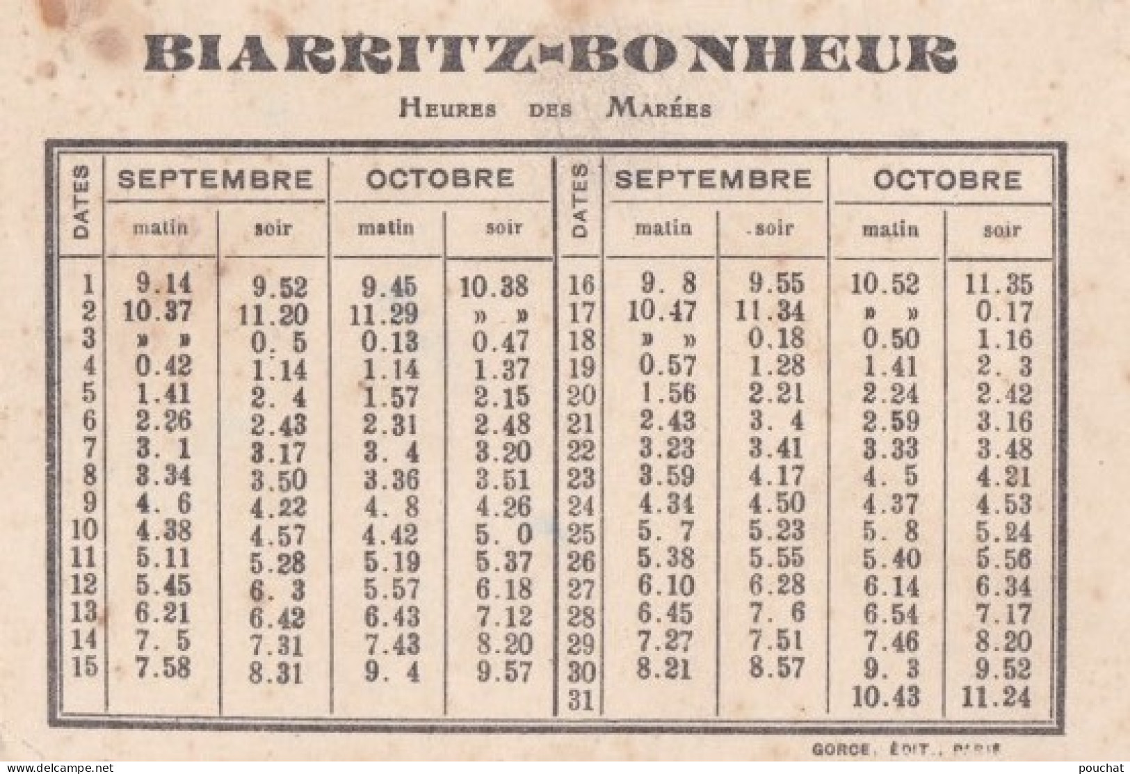 E12- BIARRITZ - BONHEUR - CALENDRIER HEURES DES MAREES - BOUVIER BASQUE( 2 SCANS ) - Small : 1921-40