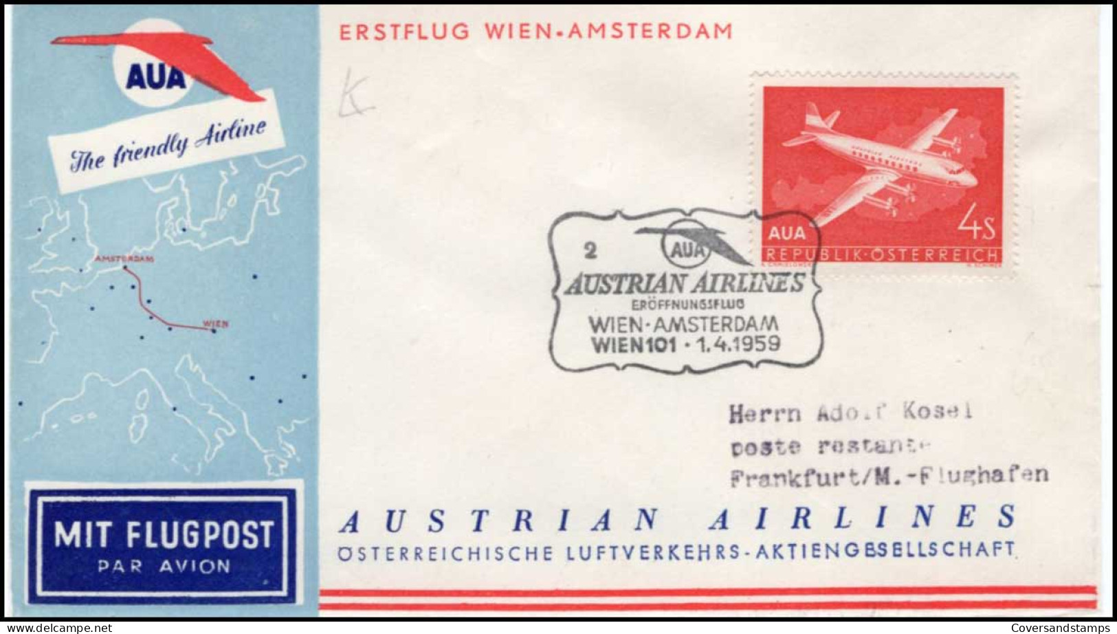 First Flight Vienna-Amsterdam, 1959 - Erst- U. Sonderflugbriefe