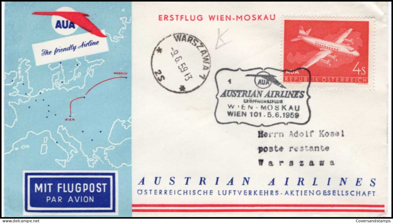 First Flight Vienna-Moscow, 1959 - Erst- U. Sonderflugbriefe