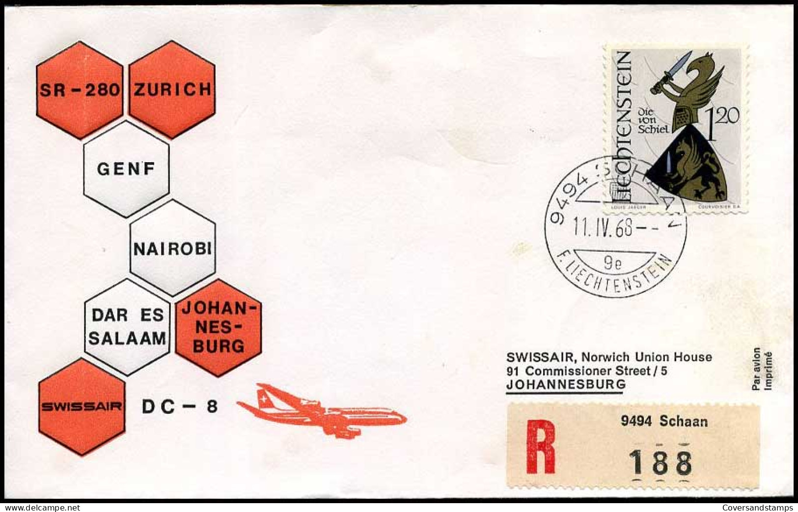 First Flight Zürich-Johannesburg, Registered - Brieven En Documenten