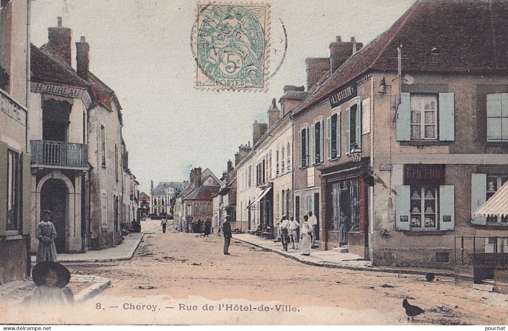 89) CHEROY (YONNE) RUE DE L ' HOTEL DE VILLE  - ANIMEE - HABITANTS - COMMERCES - COLORISEE -  EN 1906 - Cheroy