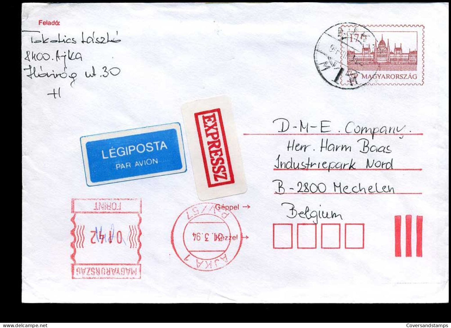 Hungarian Express Cover To Mechelen, Belgium - Postal Stationery