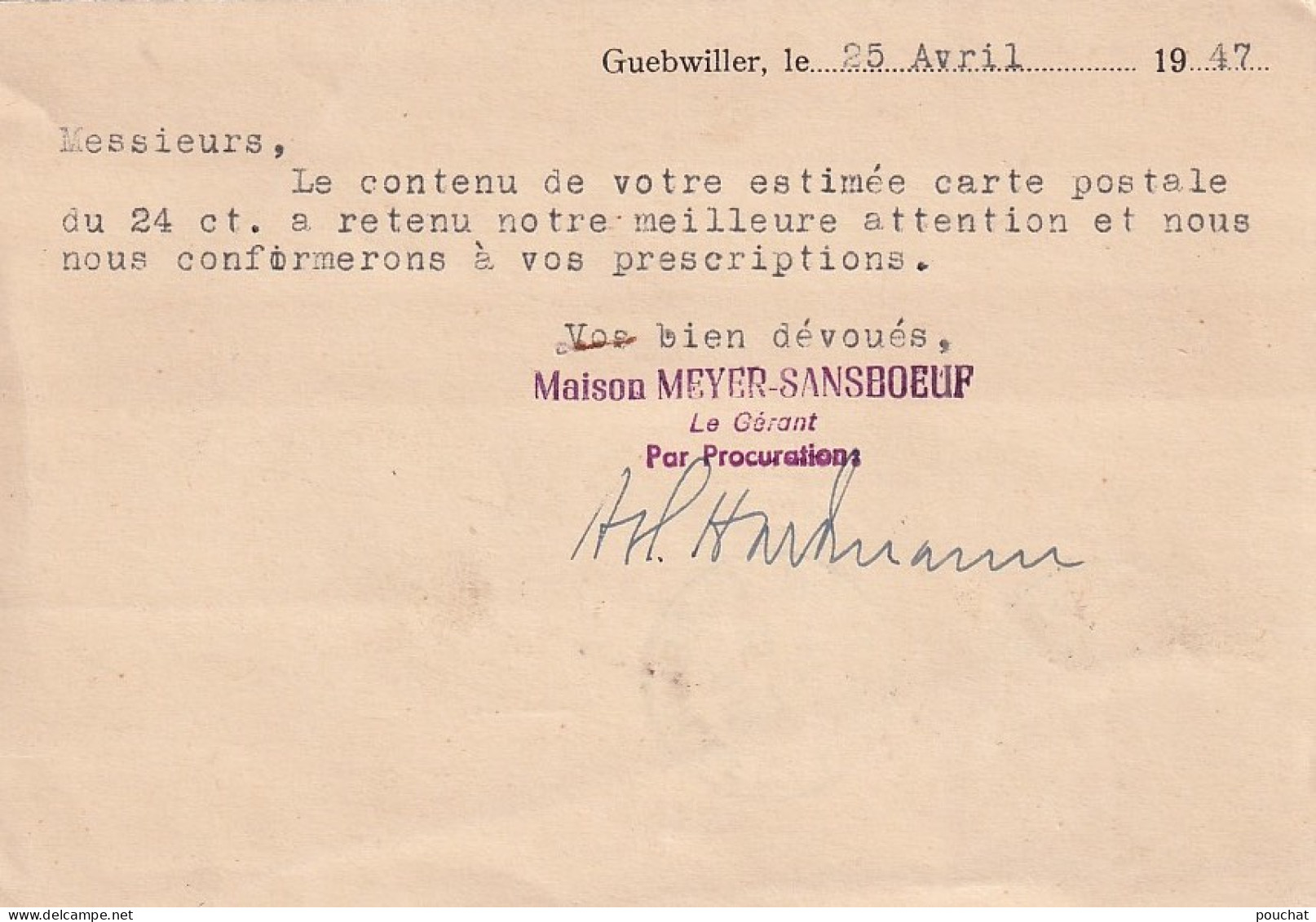 68) GUEBWILLER - Maison Meyer Sansboeuf - Marchandises : Gare Heissenstein - Oblitération Du 25/4/1947 - 3 Scans - Guebwiller