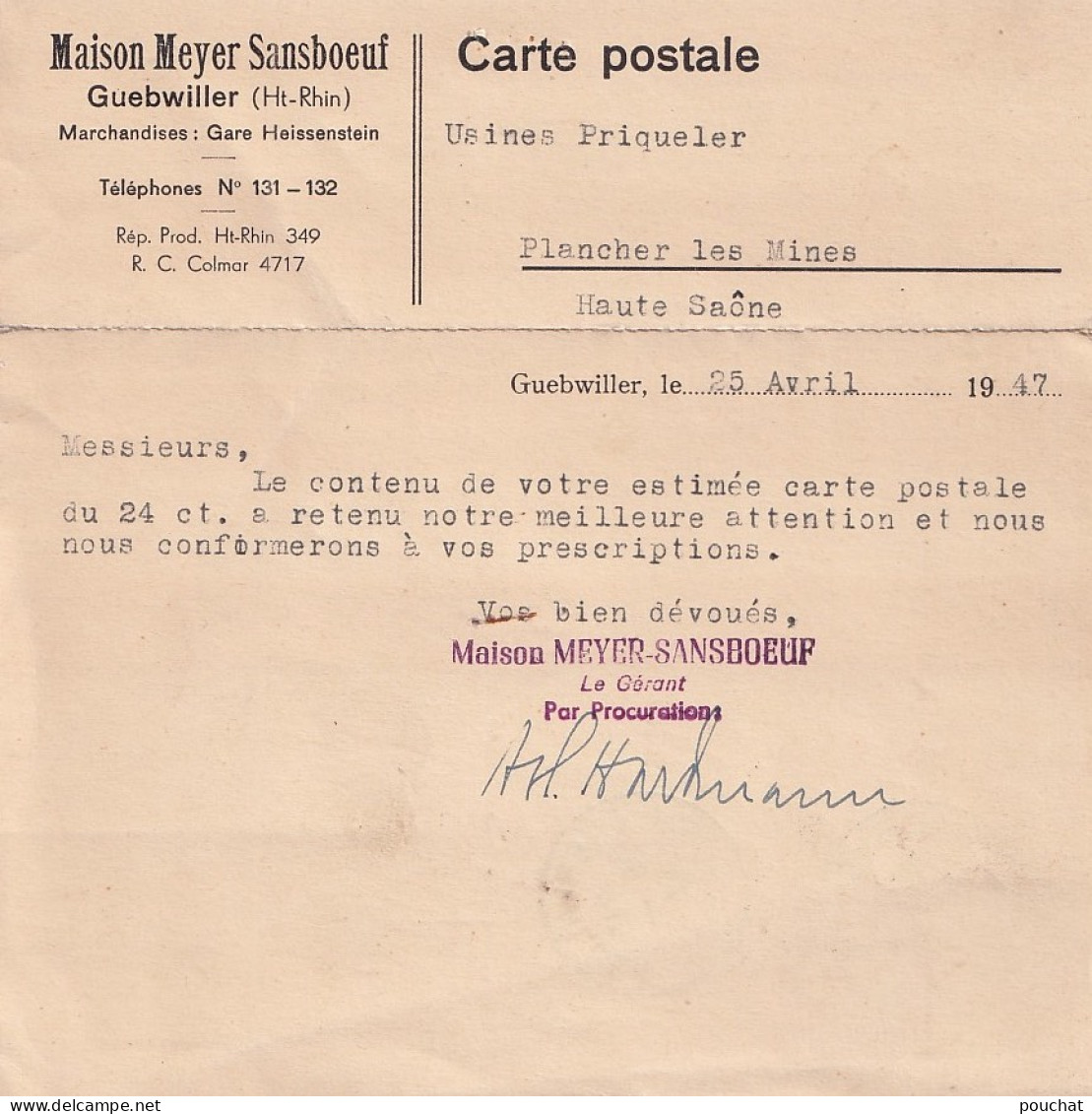 68) GUEBWILLER - Maison Meyer Sansboeuf - Marchandises : Gare Heissenstein - Oblitération Du 25/4/1947 - 3 Scans - Guebwiller