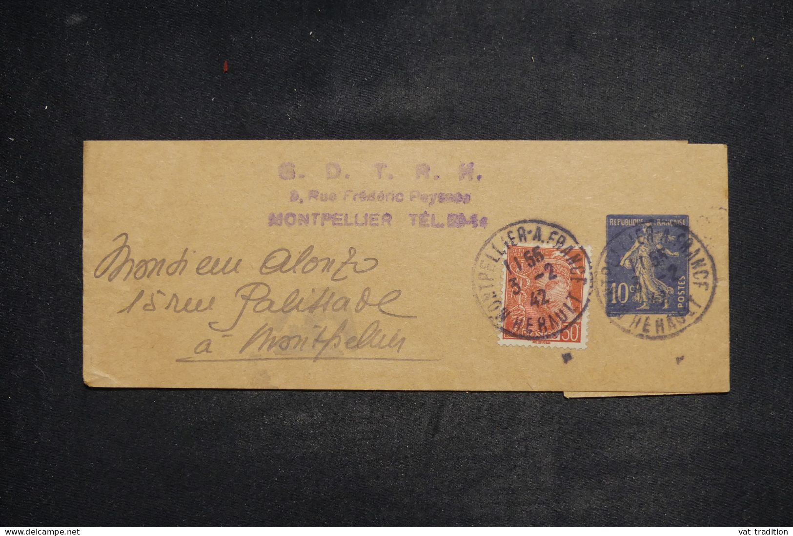 FRANCE - Entier Postal ( Bande Pour Imprimés ) Semeuse 10ct + Complément De Montpellier En 1942 - L 151489 - Streifbänder