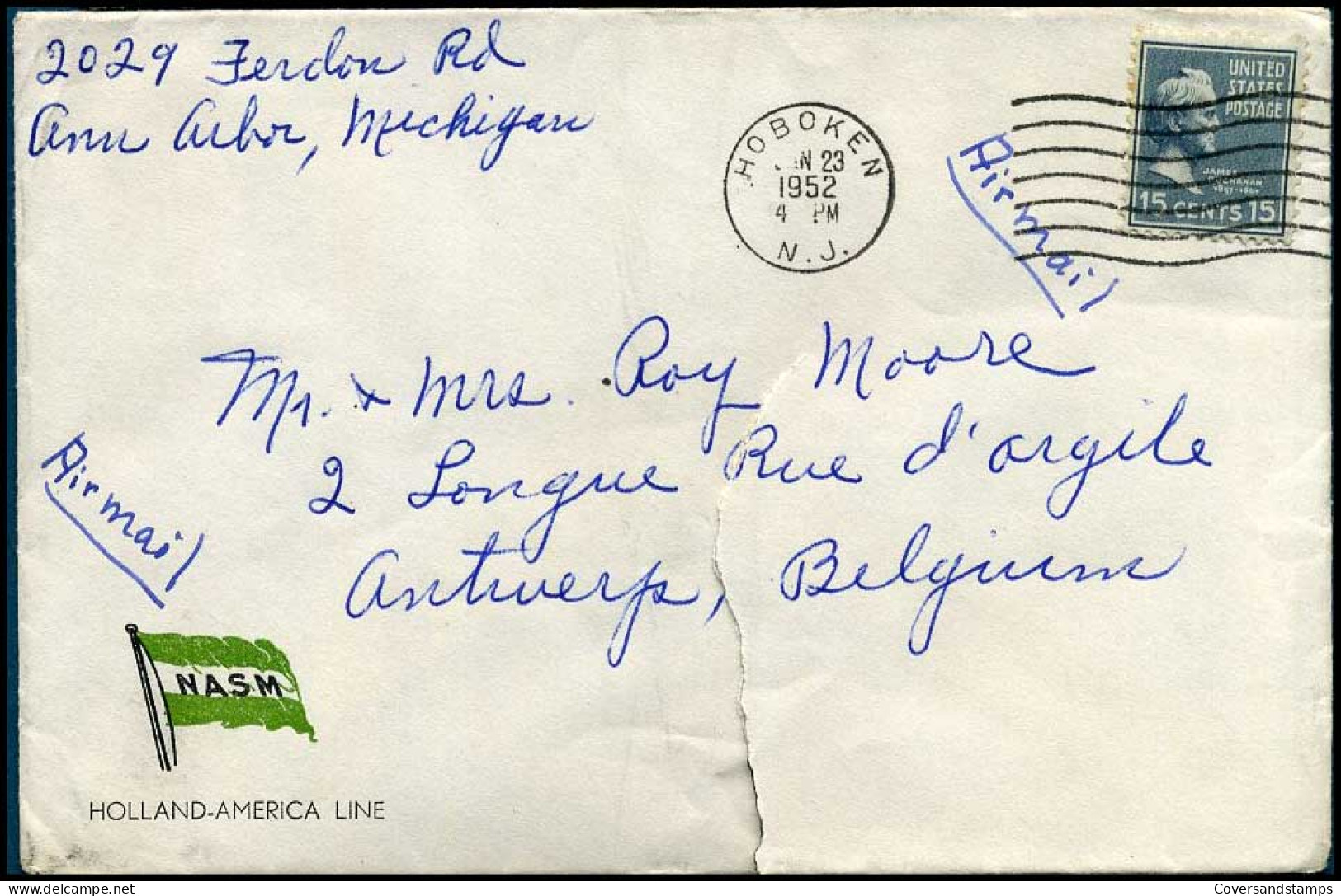 USA - Cover To Antwerp, Belgium (torn) - Lettres & Documents