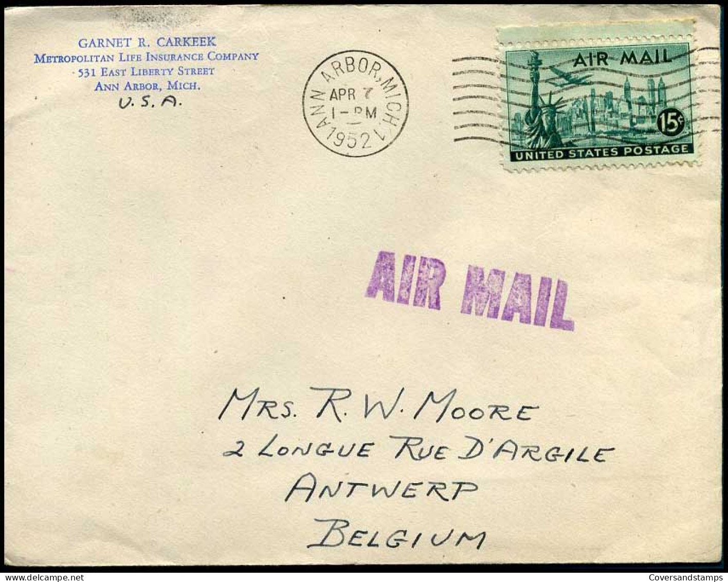 USA - Cover To Antwerp, Belgium  - Lettres & Documents