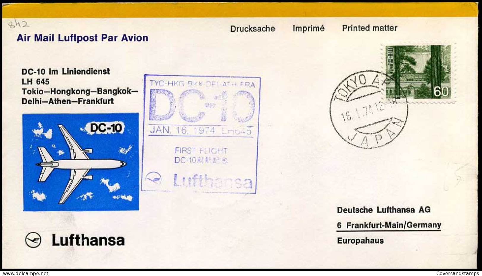 Japan - First Flight Lufthansa Tokio-Hongkong-Bangkok-Delhi-Athen-Frankfurt - Covers & Documents