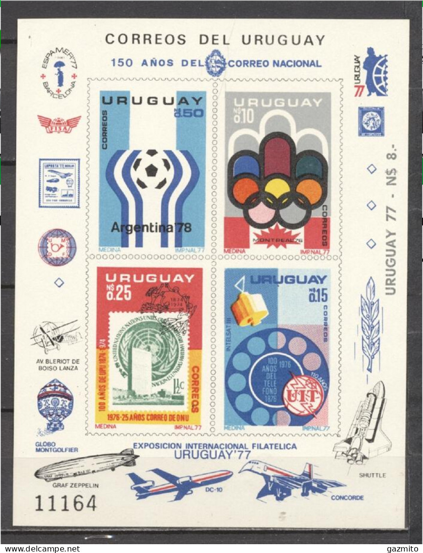 Uruguay 1977, Football World Cup In Argentina, Concorde, Zeppelin, Balloon, Olympic Games In Montreal, Telephone, Block - Uruguay
