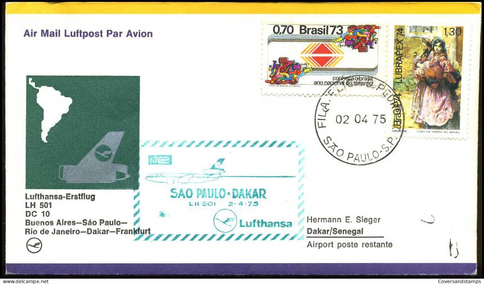 Brasil - First Flight Lufthansa Buenas Aires-Sao Paulo-Rio De Janeiro-Dakar-Frankfurt - Brieven En Documenten