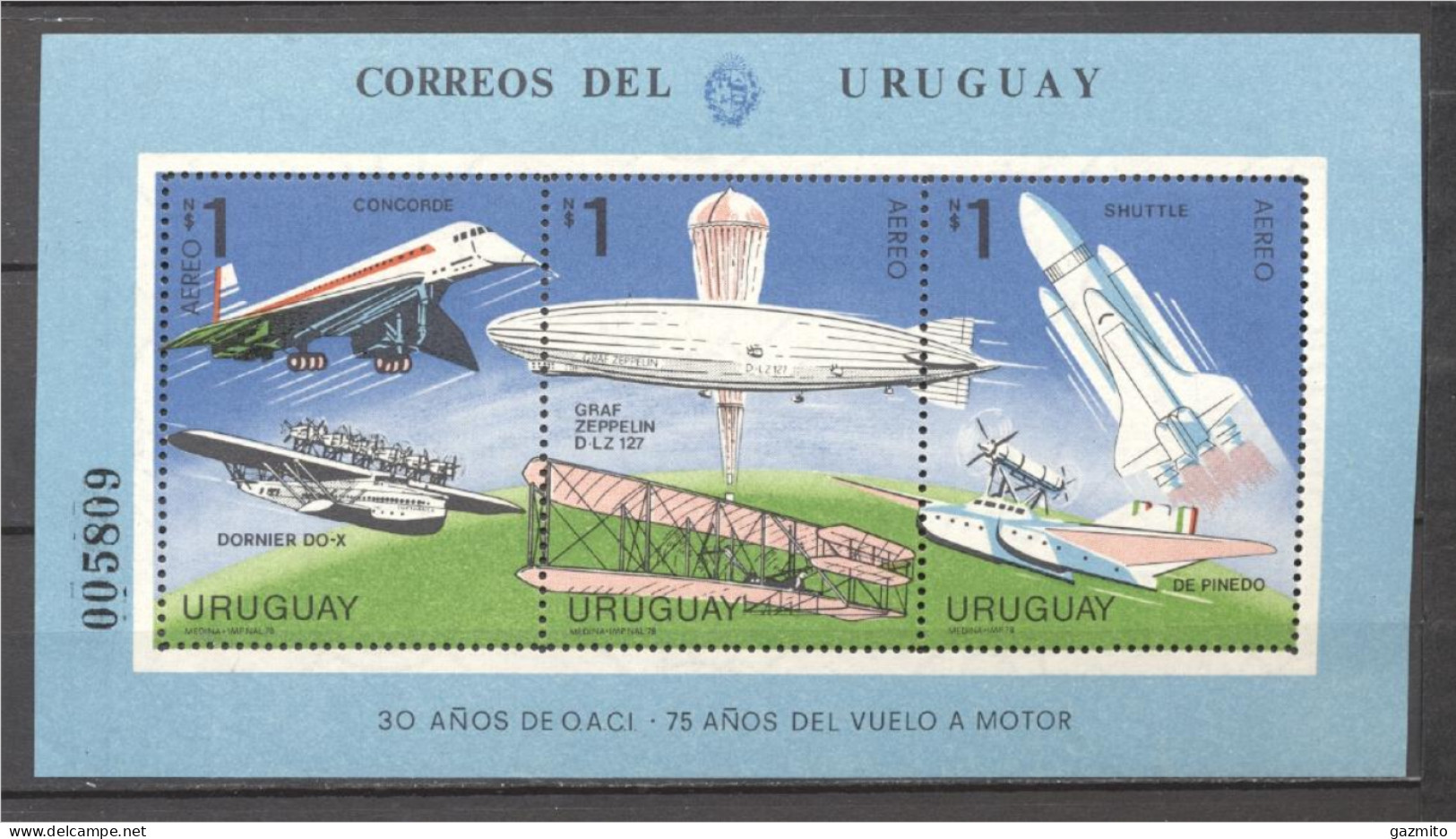 Uruguay 1978, Airplanes, Concorde, Zeppelin, Balloon, Space Shuttle, Block - Uruguay