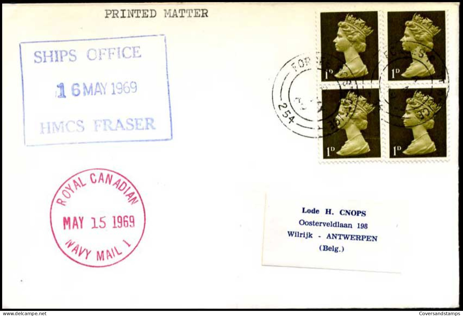 Great Britain - Cover To Wilrijk, Belgium - Ships Office HMCS Fraser - Cartas & Documentos