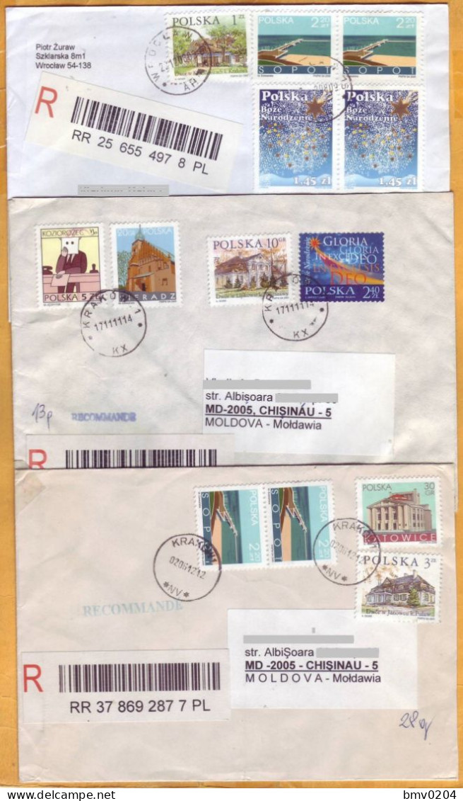 2011 2012   Poland 3 Registered Letters To Moldova - Storia Postale