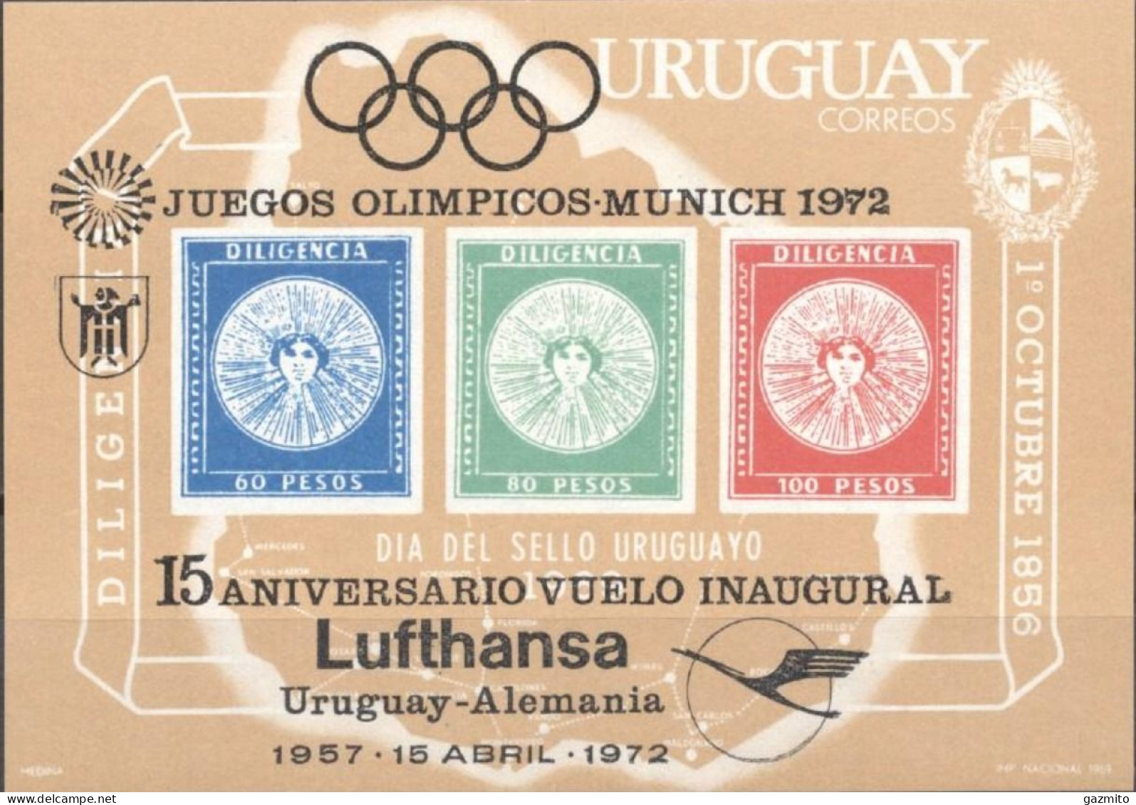 Uruguay 1978, Olympic Games In Munich 72, Stamp On Stamp, Overp. Lufthansa, BF IMPERFORATED - Uruguay