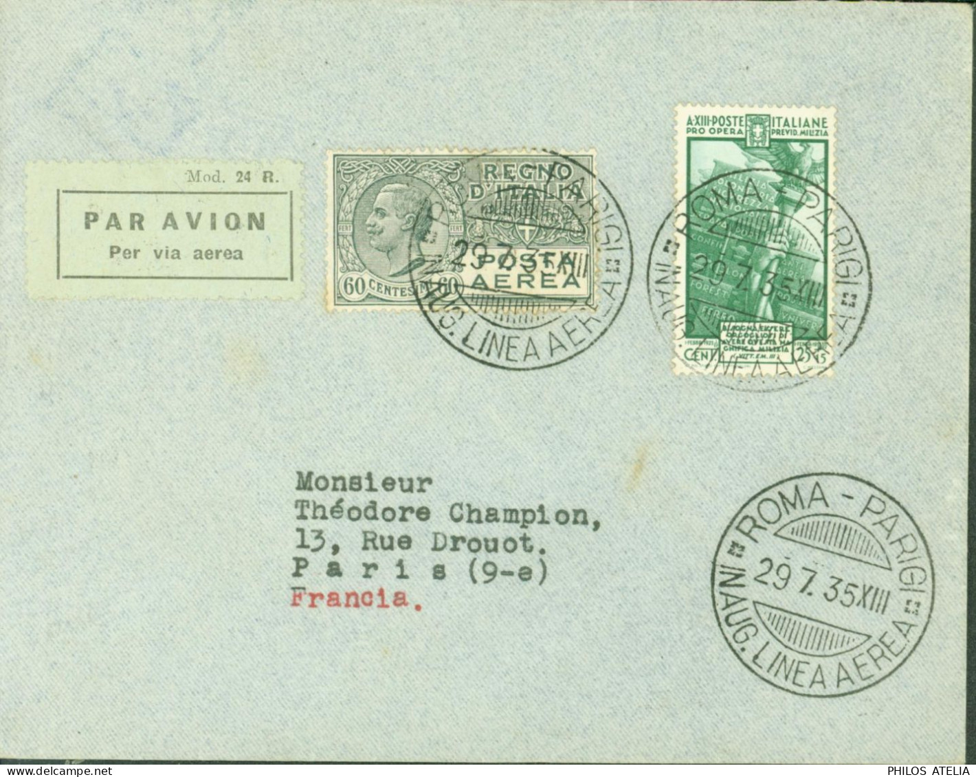 Par Avion CAD Roma Parigi Inaug Linea Aerea 29 7 1935 YT N°361 + Poste Aérienne N°4 Arrivée Paris - Poststempel (Flugzeuge)