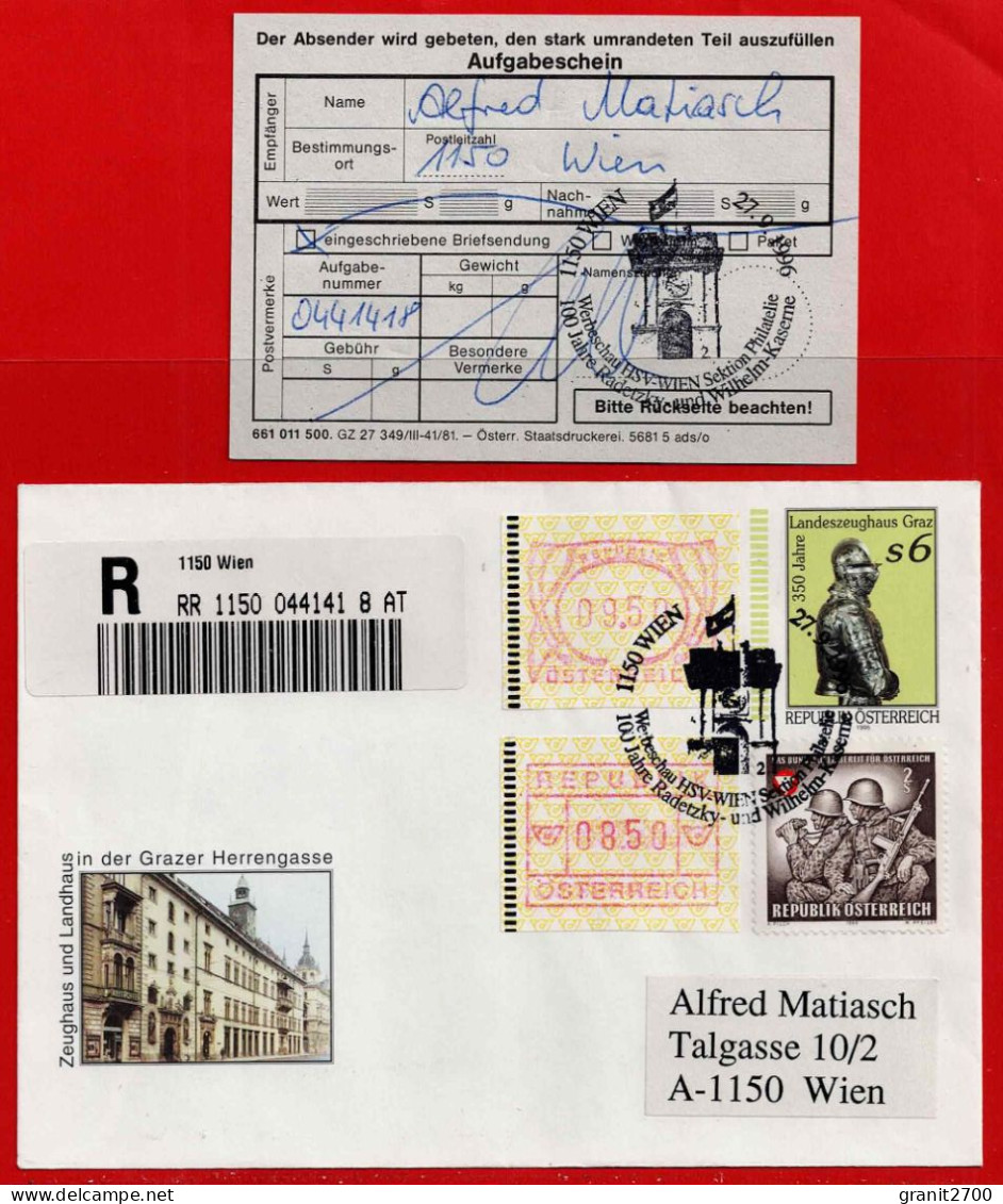 GS - Brief Reko Mit Sonderstempel 1150 Wien - 100 Jahre Radetzky Kaserne Vom 27.9.1996 Mit Aufgabeschein - Lettres & Documents