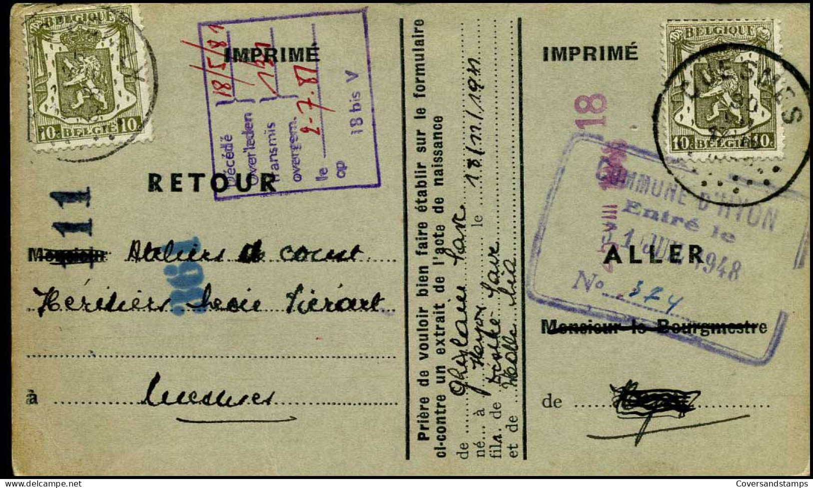 Carte Postal / Postkaart, Demande D'affiliation à La Caisse De Retraite / Aanvraag Tot Aansl. Bij De Lijfrentekas - 1935-1949 Small Seal Of The State