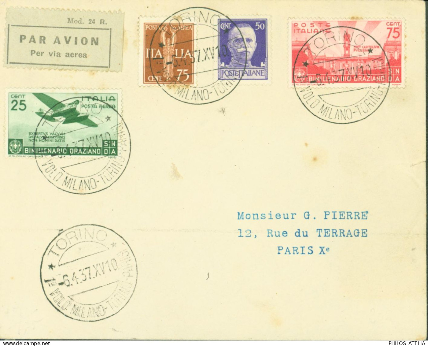 Par Avion CAD Torino Volo Milano Torino Parisi 6 4 37 XV 10 YT N°232 382 + Poste Aérienne 12A + 91 - Storia Postale (Posta Aerea)