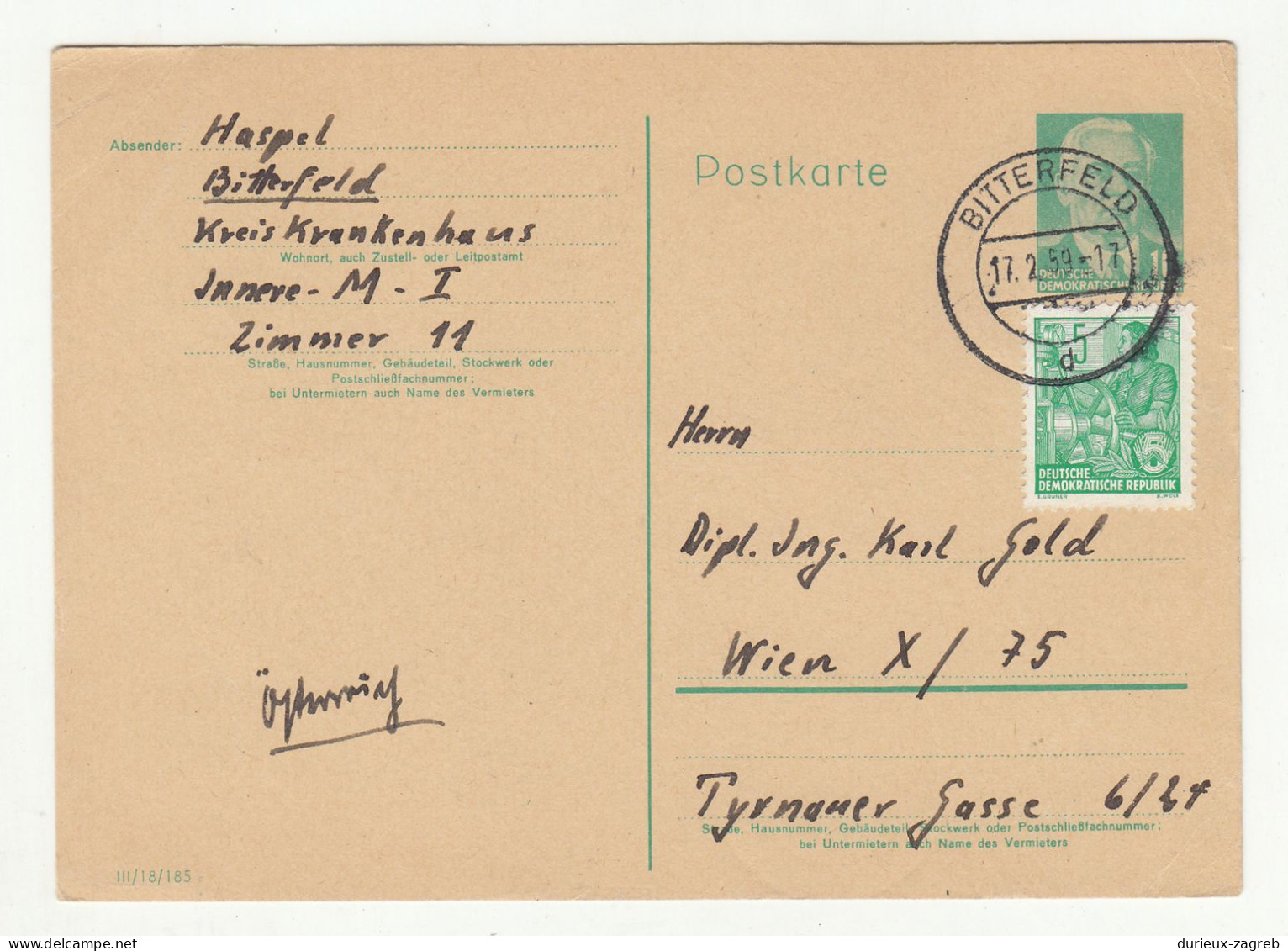 Germany DDR Postal Stationery Postcard Posted 1959 Bitterfeld To Wien - Uprated B240401 - Postales - Usados