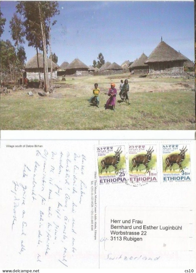 Ethiopia Village In South Of Debre Birhan Berhan Color Pcard To Suisse With 3 Stamps (2002) - Etiopia
