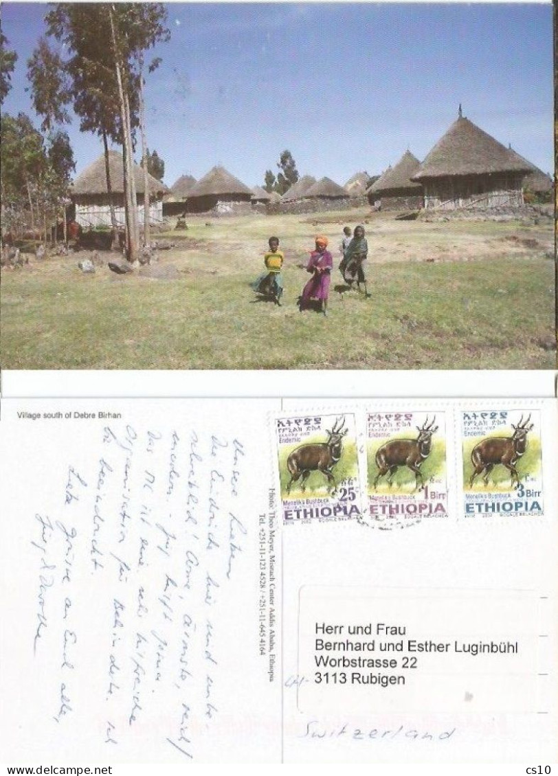 Ethiopia Village In South Of Debre Birhan Berhan Color Pcard To Suisse With 3 Stamps (2002) - Ethiopie