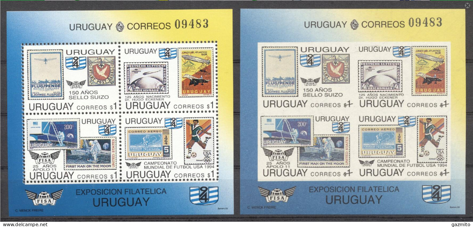 Uruguay 1993, Filaexpo, Stamp On Stamp, Concorde, Zeppelin, Space, Football, Olympic Games In Los Angeles, BF+BF IMPERFO - Postzegels Op Postzegels