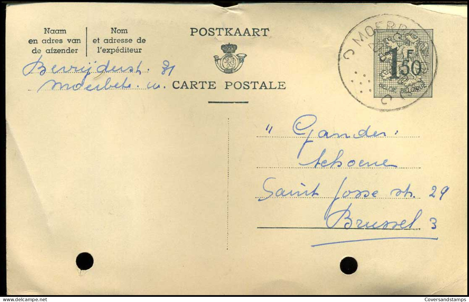 Postkaart : Van Moerbeke-Waas Naar Brussel - Tarjetas 1951-..