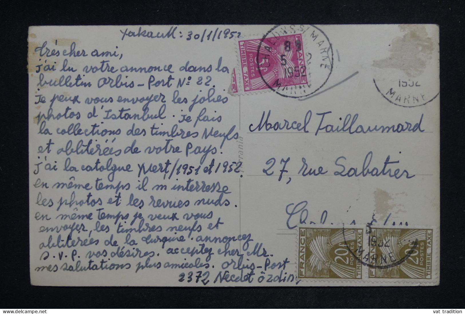 TURQUIE - Carte Postale De Istanbul Pour La France En 1952 Et Taxée En France - L 151498 - Covers & Documents