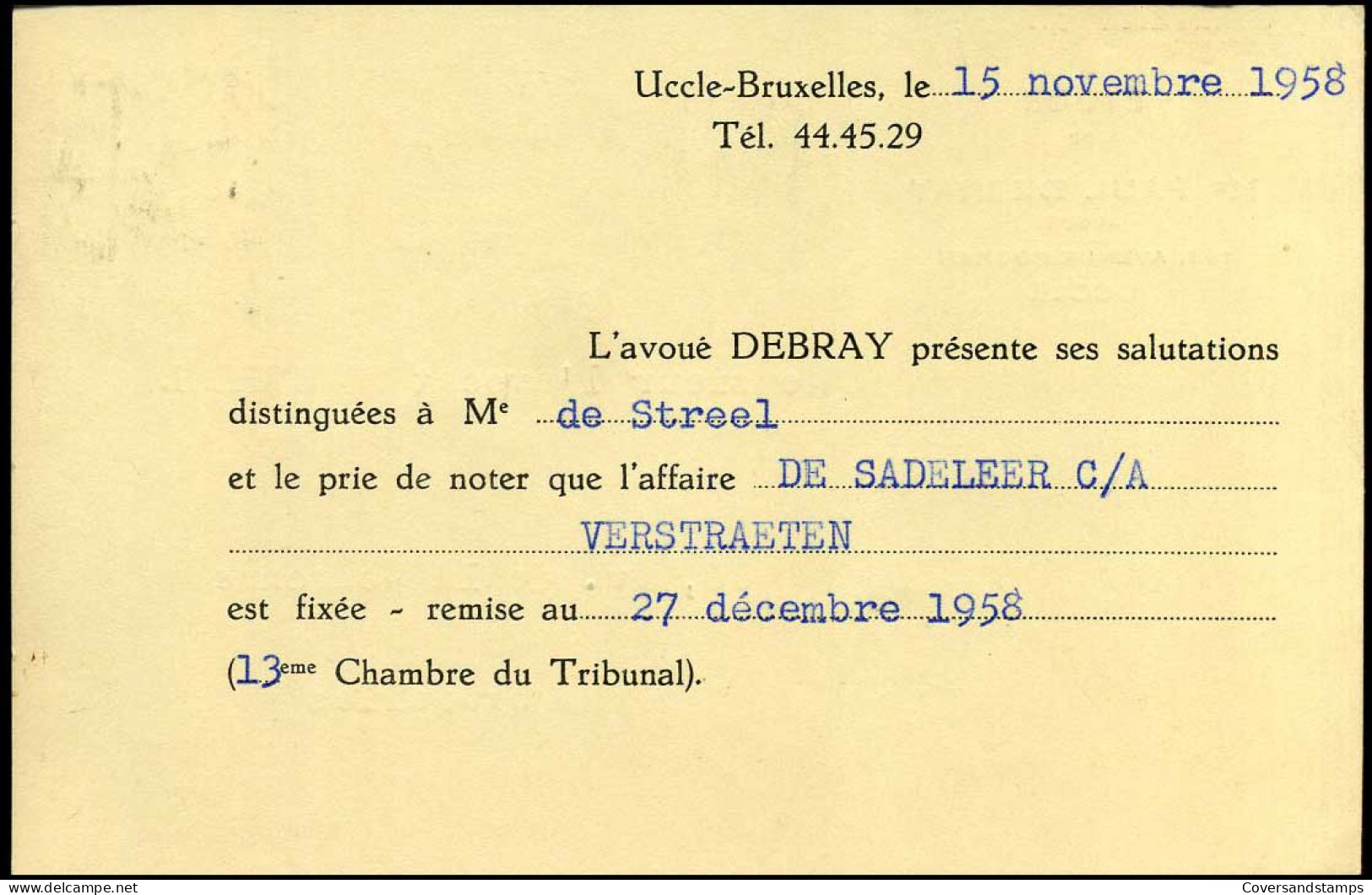 Postkaart : Van Bruxelles Naar Bruxelles -- Etude De Paul Debray, Avoué, Uccle - Postcards 1951-..