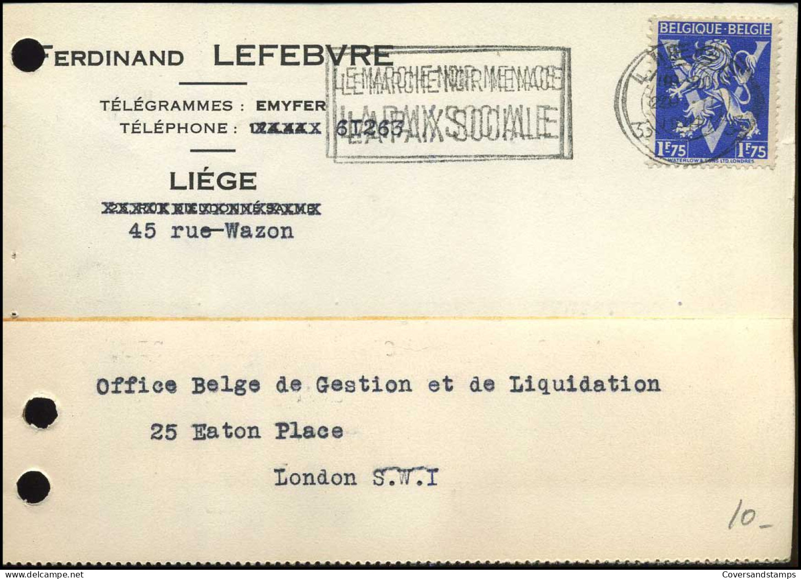 Postkaart : Van Liège Naar London, UK - Cartes Postales 1934-1951