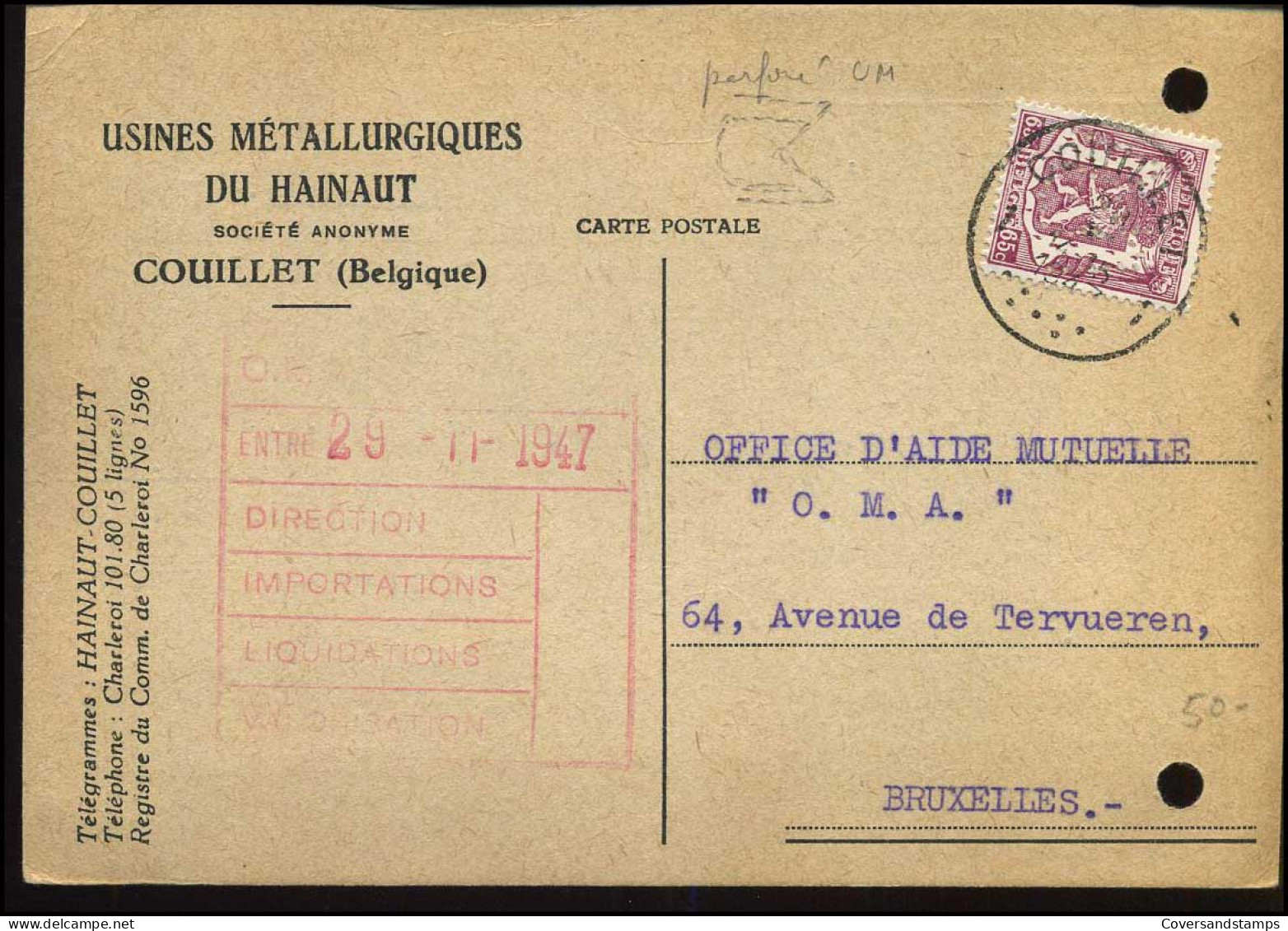 Postkaart : Van Couillet Naar Bruxelles -- Usines Métallurgiques Du Hainaut - Postcards 1934-1951