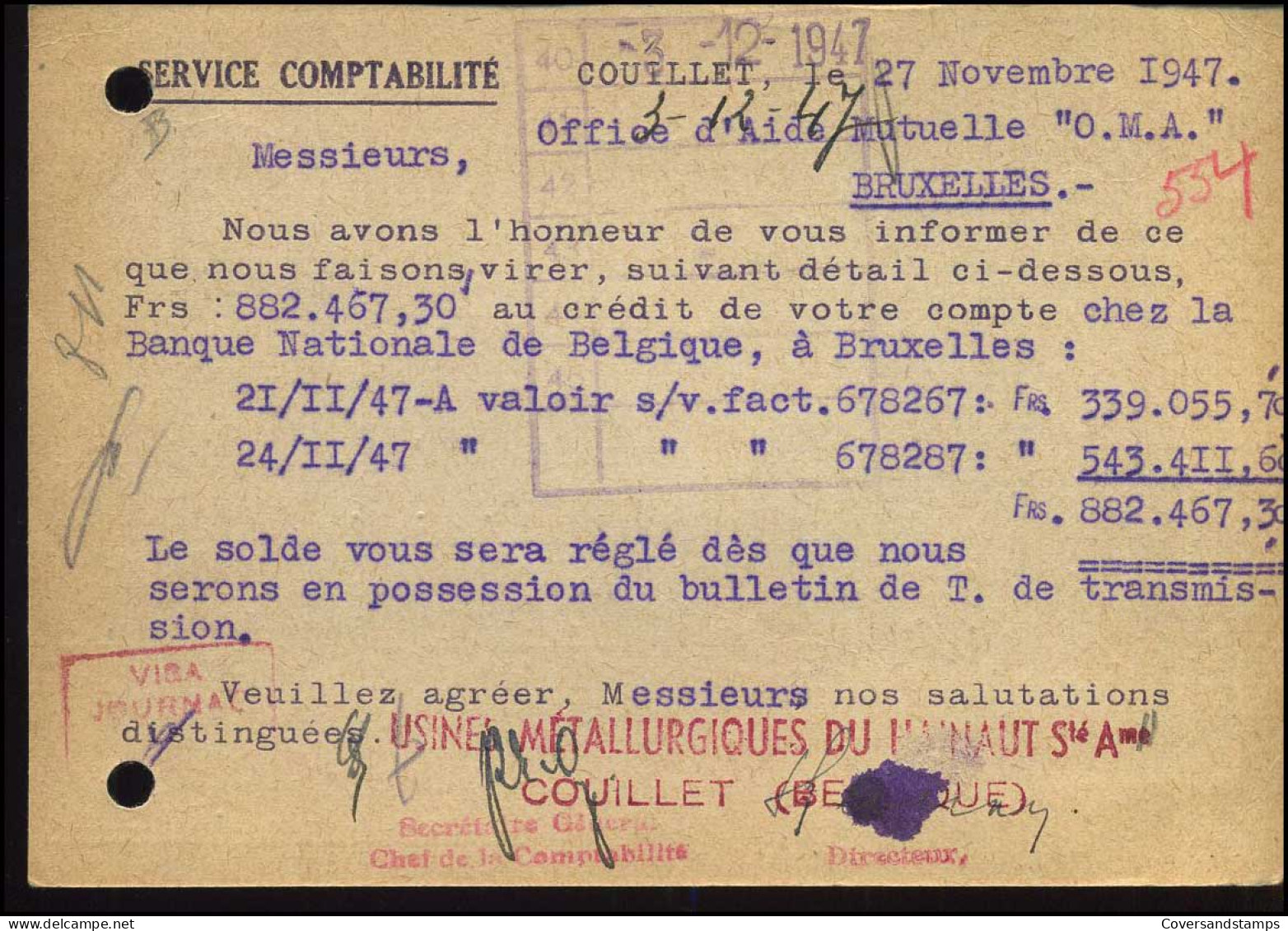 Postkaart : Van Couillet Naar Bruxelles -- Usines Métallurgiques Du Hainaut - Cartes Postales 1934-1951
