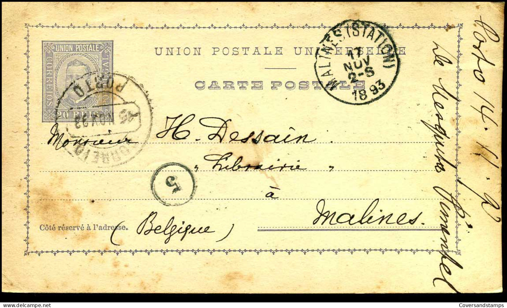 Carte Postale : De Porto à Malines, Belgique -- 1894 - Postal Stationery