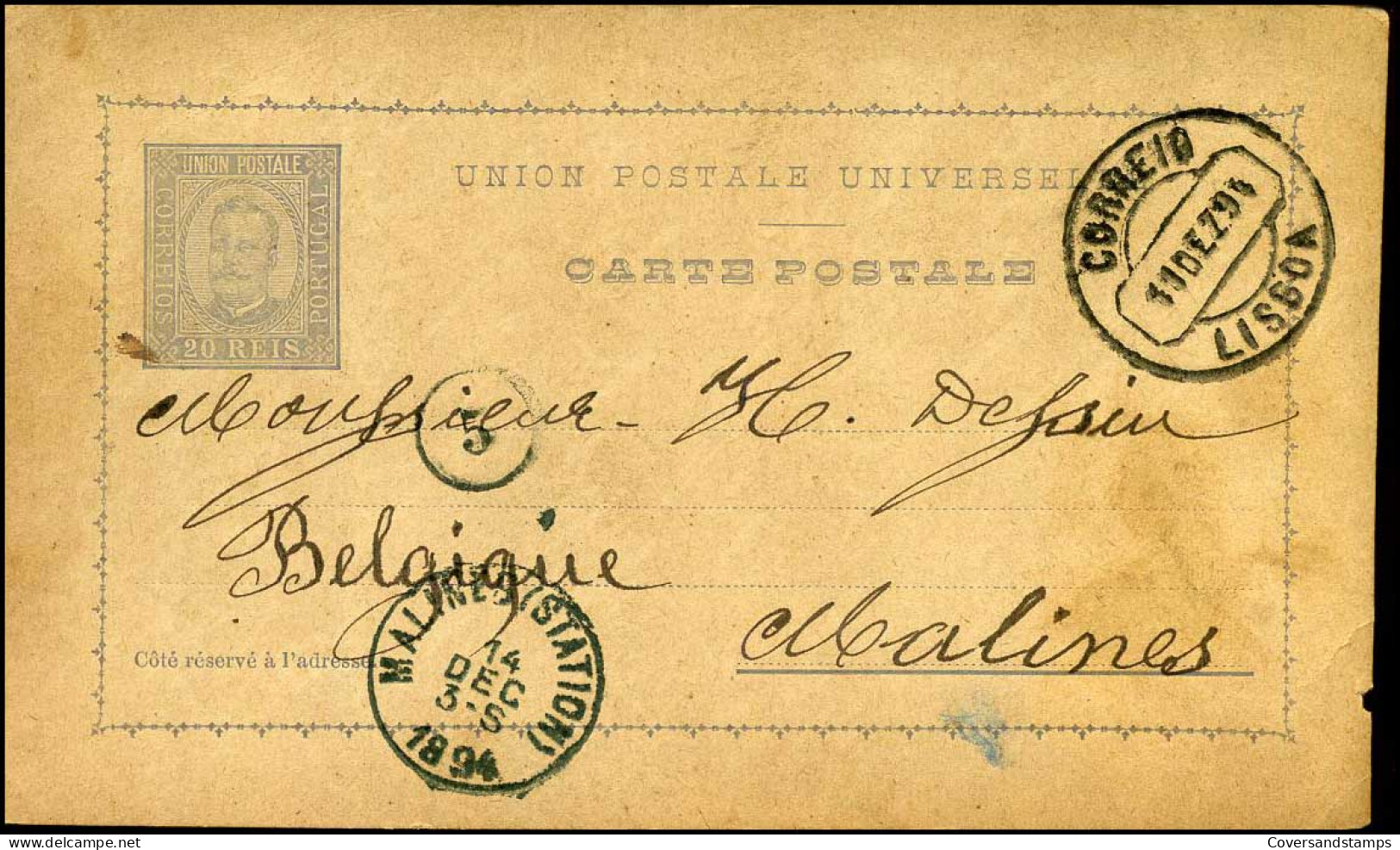Carte Postale : De Lisboa à Malines, Belgique -- 1894 - Ganzsachen