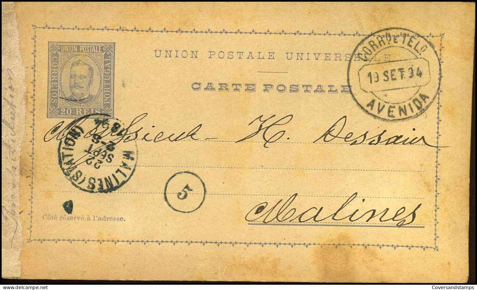 Carte Postale : De Avenida à Malines, Belgique -- 1894 - Entiers Postaux