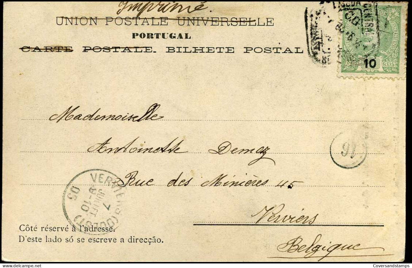 Bilhete Postal : De Lisboa à Verviers, Belgique -- 1905 - Enteros Postales
