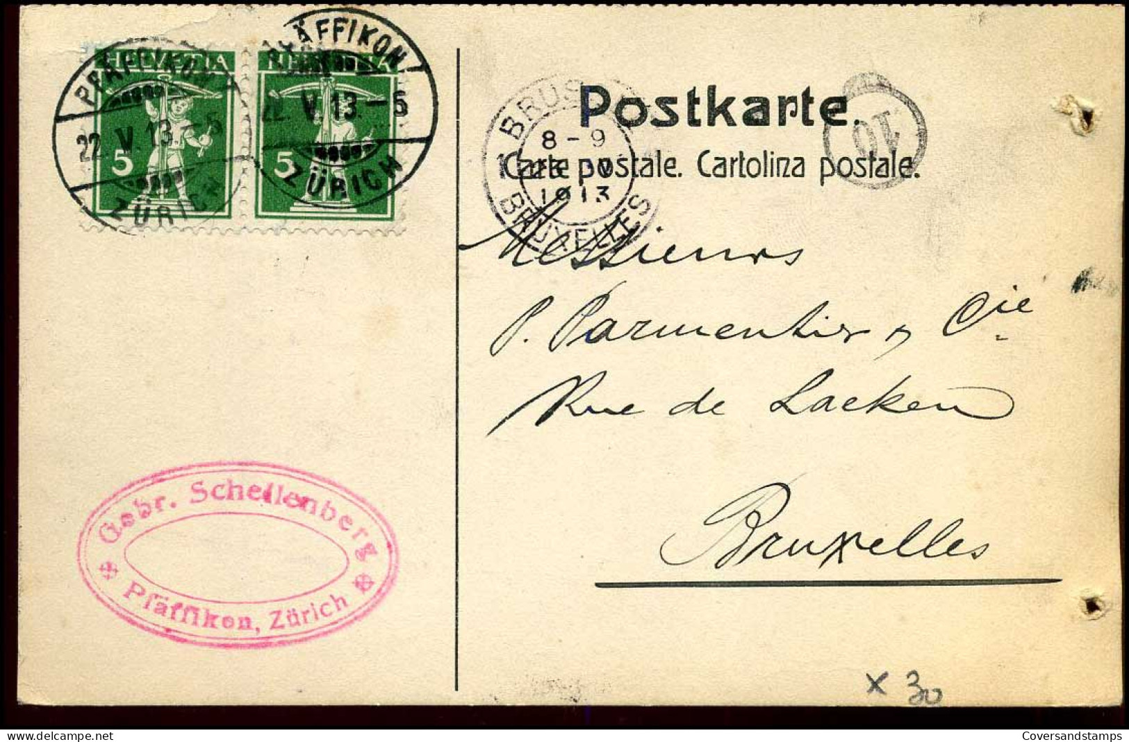 Carte Postale : From Zürich To Bruxelles, Belgium -- "Gebr. Schellenberg, Pfäffiken, Zürich" - Marcophilie