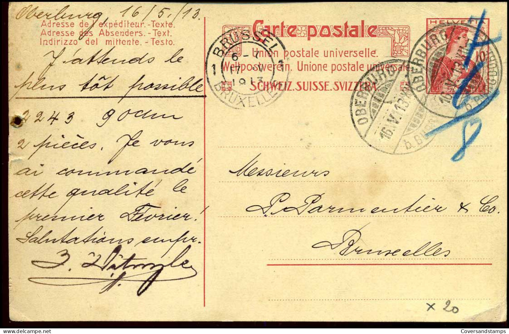 Carte Postale : From Oderburg To Bruxelles, Belgium - Marcophilie