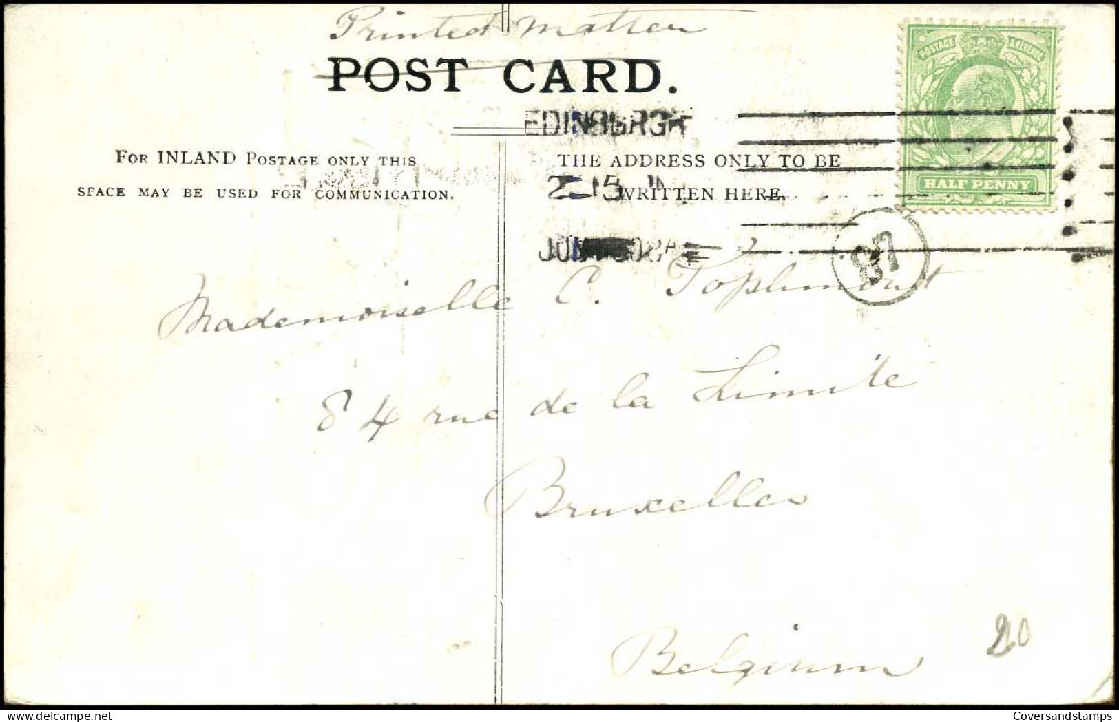 Post Card : From Edinburgh To Bruxelles, Belgium - Postmark Collection