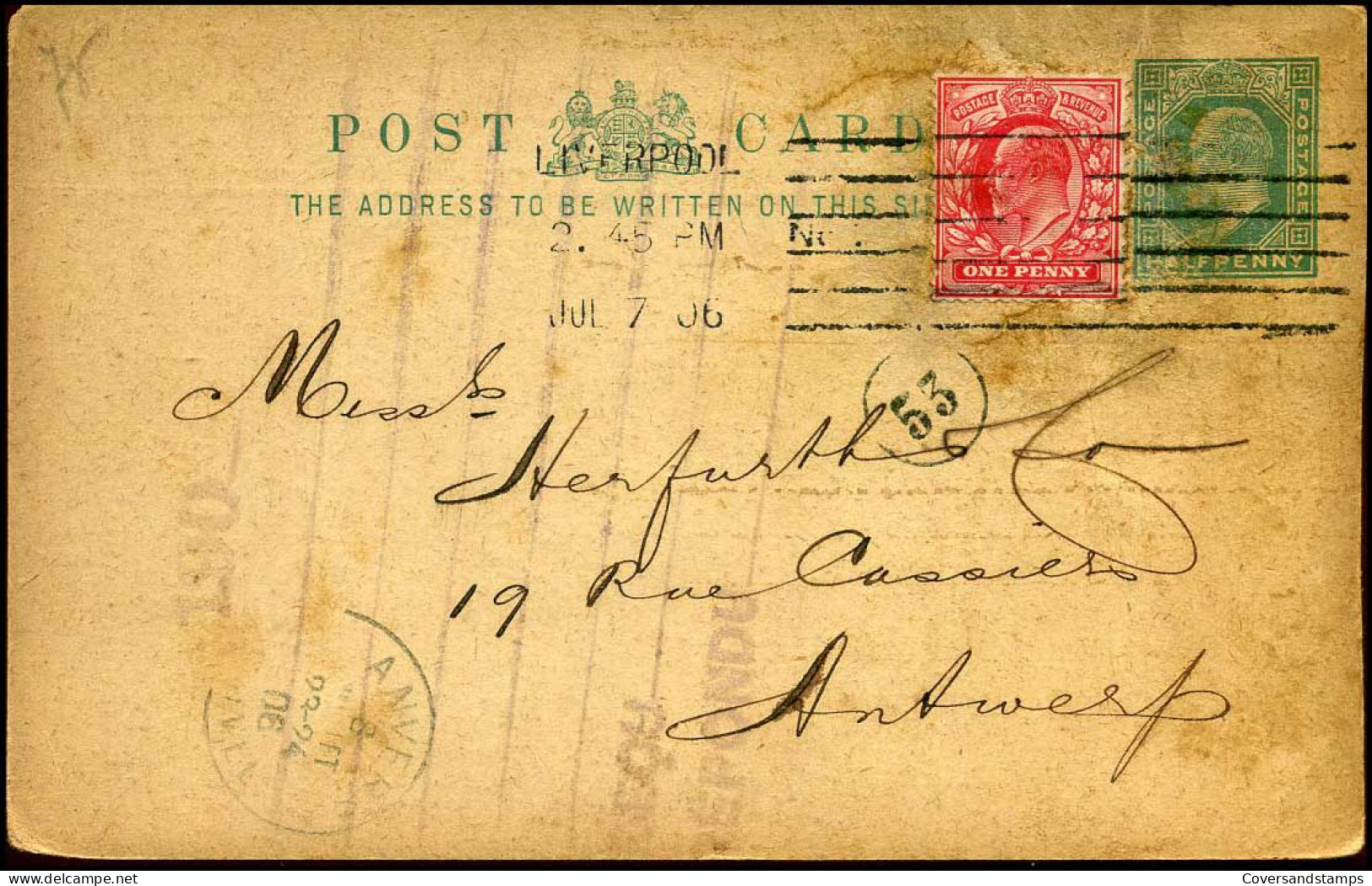 Post Card : From Liverpool To Antwerp, Belgium - "J.T. Fletcher & Co, Liverpool" - Postmark Collection