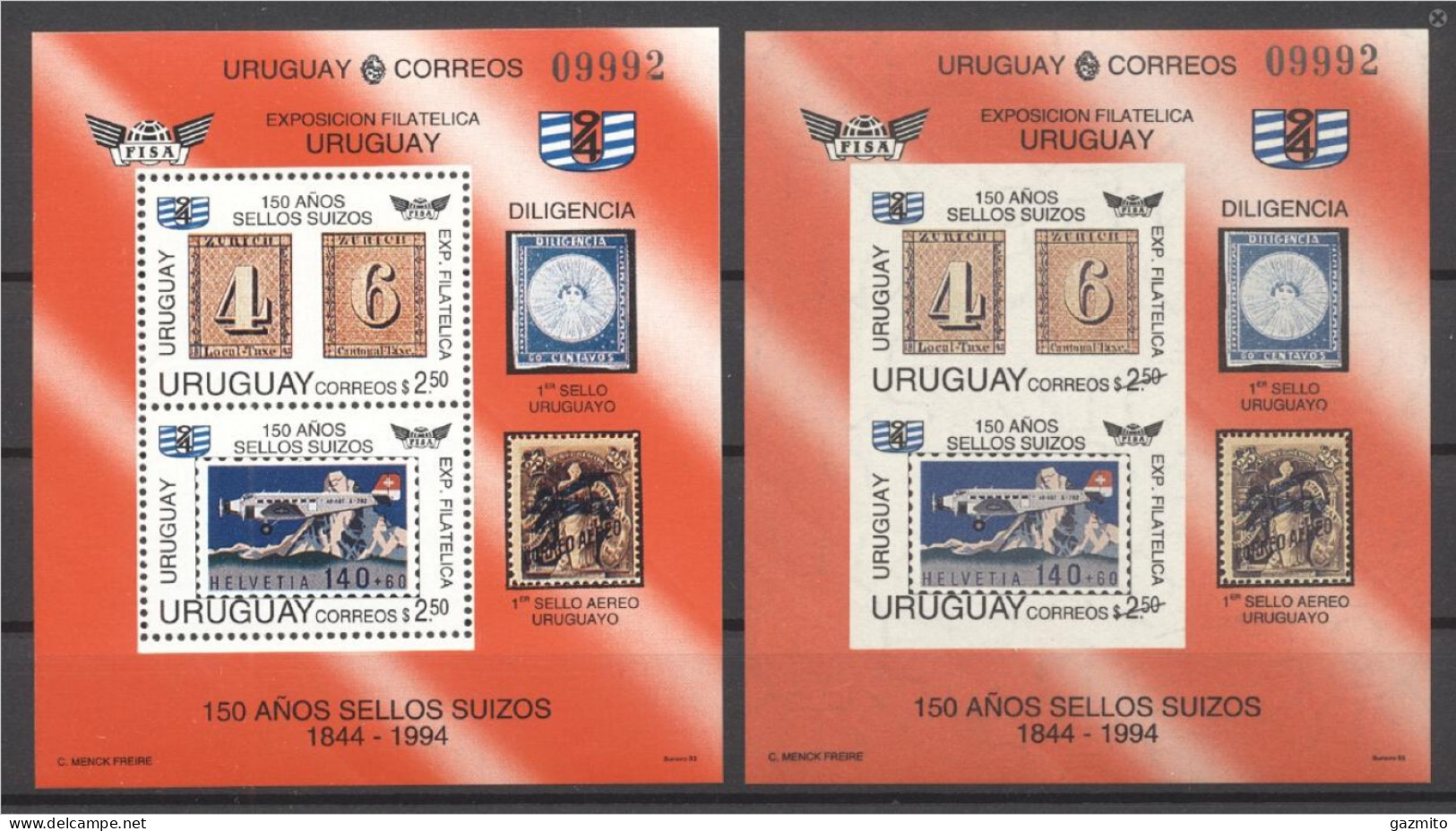 Uruguay 1993, Filaexpo, Stamp On Stamp, Plane, BF+BF IMPERFORATED - Expositions Philatéliques