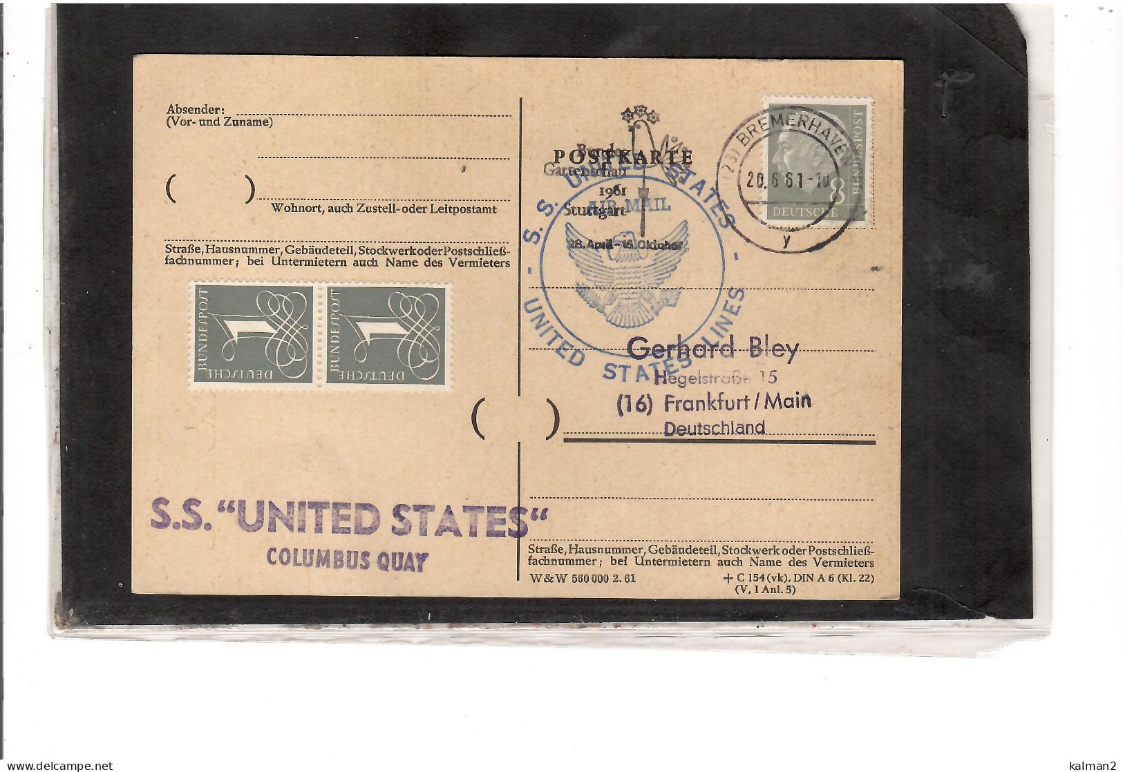 TEM20389   -  BREMERHAVEN 20.6.1961    /   "  S.S.  UNITED STATES - COLUMBUS  QUAY " - Schiffe