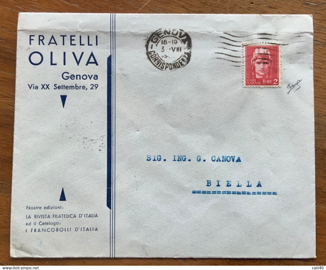 LUOGOTENENZA L. 2 (541a ) VARIETA SU BUSTA DA GENOVA A BIELLA IN DATA 3/8/45  - FIRMATA BIONDI - Storia Postale